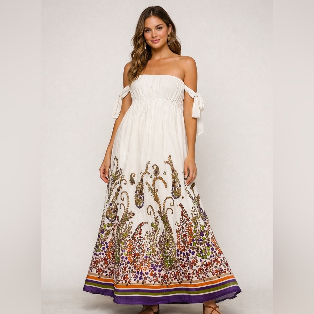 Moda International Strapless Cream Dress with Purple Floral Accents